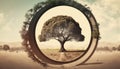 Abstract imagery. David Lynch. Circular ring surrounding a sepia tree in the desert. Isolation imagery. Quirky eerie view.