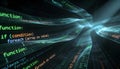 Abstract immersive data landscape with cascading programming code in a dark mode ide theme for software development and web coding Royalty Free Stock Photo