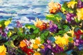 Oil painting and palette knife close-up. Yellow red violet flowers in a green grass against a background of blue sea waves. Fragme Royalty Free Stock Photo