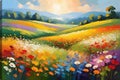 Abstract Impressionist Painting of a Field of Flowers - Broad Brushstrokes, Vibrant Palette
