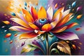 Abstract Impressionist Style Painting - Blooming Flower Dominating the Foreground, Explosion of Vibrance