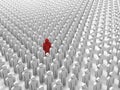 Abstract individuality, uniqueness and leadership business concept: single red 3D people figure in crowded group of white figures.