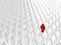 Abstract individuality, uniqueness and leadership business concept: single red 3D people figure in crowded group of white figures.
