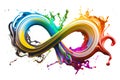 Abstract Infinity sign splashes color spectrum flying bright multicolored paint splatter in the shape of the infinity symbol.