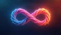 Abstract infinity symbol in vivid colors glows against dark background. Loop of colorful threads represents concept of Royalty Free Stock Photo