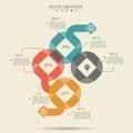Abstract infographic featuring interlocking, colorful geometric shapes forming a flowchart.
