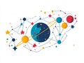 Abstract infographic of solar system vibrant planets connecting lines showcasing orbital paths astronomical knowledge modern