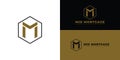 Abstract initial hexagon letter M or MM logo in black-gold color isolated on multiple background colors.