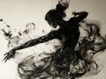 abstract ink figure in dynamic pose, black and white, expressive movement, flowing lines, artistic Royalty Free Stock Photo