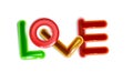 Abstract inscription Glossy love, multicolor plastic toys rounded. Toy flares colorful for fun design, girl baby element. Cartoon