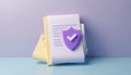 Abstract insurance document with purple security shield icon, checkmark signifies approval. Represents data protection, privacy, Royalty Free Stock Photo