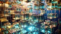 Abstract interconnected glass cubes in golden frames, floating in a multidimensional array of light and shadow. Generative AI Royalty Free Stock Photo