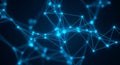 Abstract interconnected network of bright blue glowing dots and lines on a dark deep blue background Royalty Free Stock Photo