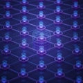 Abstract interconnected nodes with glowing blue and purple cubes in a grid network Royalty Free Stock Photo