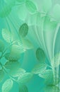 Blue-green wavy background with transparent leaves.