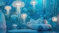 Abstract interior design with glowing jellyfish lamps and puffy sofas, underwater concept Royalty Free Stock Photo