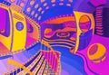 Abstract interior neon illustration. Yellow submarine fantasy psychedelic room.