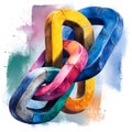 Abstract Interlocking Colorful Chains on Watercolor Background A vibrant illustration of linked chains in various colors set Royalty Free Stock Photo