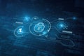 Abstract internet safety and security interface with padlock and business charts on blurry blue background. Secure and cyber