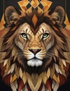 Abstract interpretation of lion in bold painting geometric shapes and earthy tones design, animal