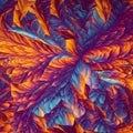An abstract, intricate pattern with overlapping feather-like shapes in vibrant oranges,