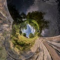 Abstract inversion of little planet transformation of spherical panorama 360 degrees. Spherical abstract aerial view on wooden Royalty Free Stock Photo