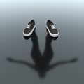 Abstract Invisible Person of Sportsman in Modern Black Sneakers is Reflected from the Floor Surface. 3d Rendering