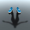 Abstract Invisible Person of Sportsman in Modern Blue Sneakers is Reflected from the Floor Surface. 3d Rendering