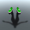 Abstract Invisible Person of Sportsman in Modern Green Sneakers is Reflected from the Floor Surface. 3d Rendering