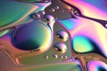 Abstract iridescent metallic liquid drops on fluorescent background. Generative AI