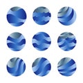 Abstract isolated blue color ocean waves and sky clouds logos set. Water stylized vector logotypes collection. Round