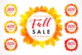 Bright coloured autumn sale digits with set of percent % off, buy just now in yellow maple leaves