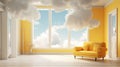 pedestal abstract room yellow cylinder door stage showcase minimal cloud. Generative AI. Royalty Free Stock Photo