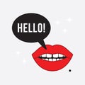 Abstract isolated woman attractive cute open mouth with red lips and black hello speech bubble flat retro style on light gray