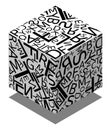 Abstract isometric 3d cube, letters scattered chaotic