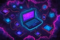 An abstract, isometric depiction of a laptop featuring a futuristic digital interface, perfect for a tech wallpaper Royalty Free Stock Photo