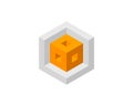 Abstract isometric design featuring an orange cube within a gray hexagonal frame. Perfect for tech, engineering, architecture, or