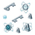 Abstract Isometric Illustration: Keys, Clocks, Cubes, and Cones on White Royalty Free Stock Photo