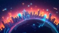 Abstract isometric view of Earth showing glowing arcs connecting global cities dynamically Royalty Free Stock Photo