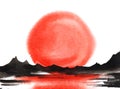 Abstract japanese landscape. Big red circle of the setting sun. Black silhouette of the shape of a mountain range. Mountains and Royalty Free Stock Photo