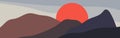 Abstract japanese sunset landscape. Flat wavy boho aesthetic banner with curvy shapes.