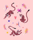 Abstract japanese Tigers collection. Vector illustration cartoon tiger, plant and flower. For fabric, wall art, interior