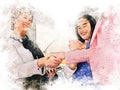 Join hands business concept and handshake concept on watercolor painting background. Royalty Free Stock Photo