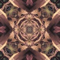Abstract kaleidoscope image featuring symmetrical geometric patterns in earthy tones