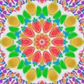 Abstract kaleidoscope pattern background of fruit jelly rainbow wedges slices on white sugar sand background. Sweets kaleidoscope.