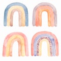 Abstract kids watercolor raindow set, clipart with hand painted boho rainbows. Nursery art illustration in trendy scandinavian