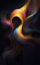 Abstract kinetic art of fluid dynamics, black background, transparent fabric flows, rainbow colors,gold dust, AI generation