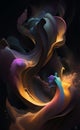 Abstract kinetic art of fluid dynamics, black background, transparent fabric flows, rainbow colors,gold dust, AI generation