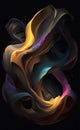 Abstract kinetic art of fluid dynamics, black background, transparent fabric flows, rainbow colors,gold dust, AI generation