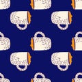 Abstract kitchen seamless pattern with white cocoa cup with marshmallow. Navy blue background